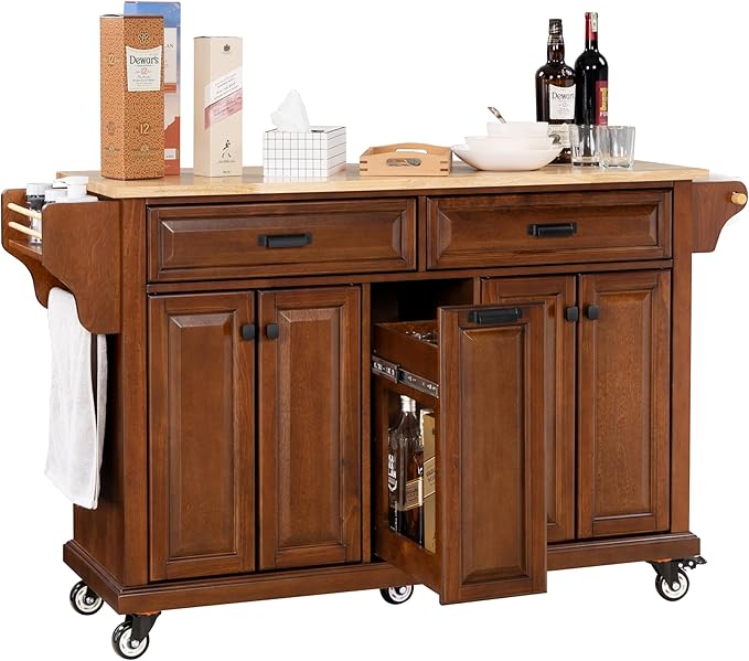 Cambridge Mobile Kitchen Island on Wheels with Storage and Wood top, Rolling Island with Spice Rack and Towel Holder, L60.5 x W18.13 x H36.75IN Island Table for Kitchen, (Mahogany)
