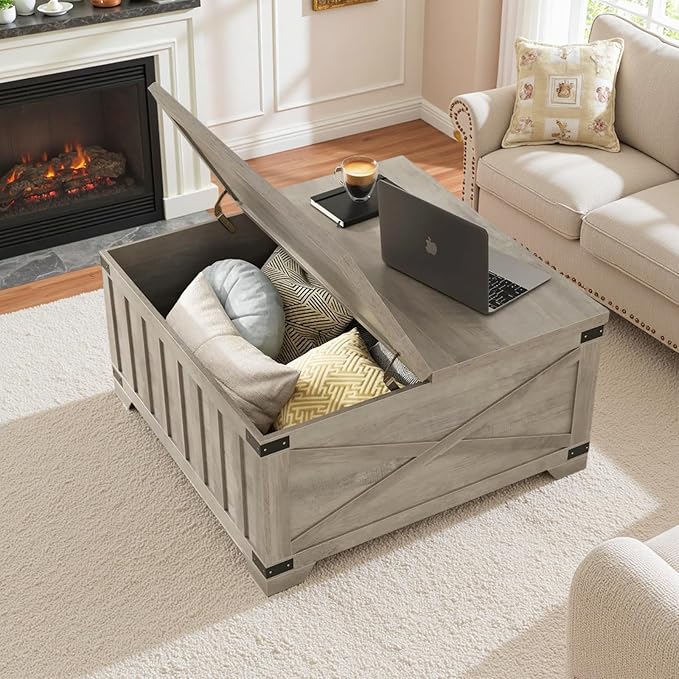 HOSTACK Farmhouse Coffee Table with Storage, 35.4" Square Center Table with Hinged Lift Top, Vintage Wood Cocktail Table with Thickened Top for Living Room, Home (Ash Gray)