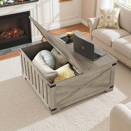 HOSTACK Farmhouse Coffee Table with Storage, 35.4" Square Center Table with Hinged Lift Top, Vintage Wood Cocktail Table with Thickened Top for Living Room, Home (Ash Gray)