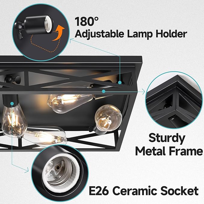 8-Light Large Flush Mount Ceiling Light Fixture, 31" Black Hallway Light, Metal Cage Closed to Ceiling Mounted Lights, Farmhouse Flush Mount Light Fixture for Bedroom Kitchen Hallway Entryway