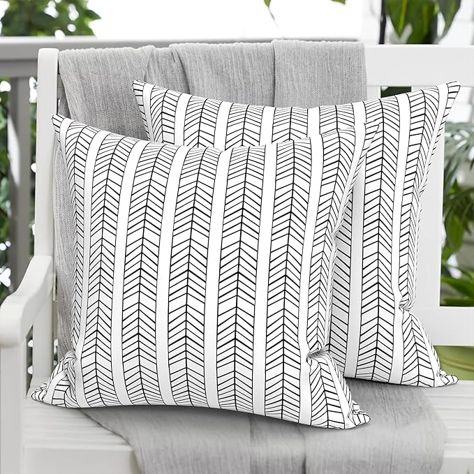 Pack of 2 Patio Throw Pillow Covers ONLY, Water Repellent Cushion Cases 20x20 Inch, Square Pillowcases for Outdoor Couch Decoration, HerringboneWhite