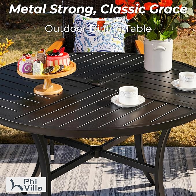 PHI VILLA 5 Pieces Outdoor Round Dining Set for 4, Steel Circle Table with Umbrella Hole & Stacking Wrought Iron Chairs, Morden Dining Furniture Set for Patio, Deck, Yard, Porch
