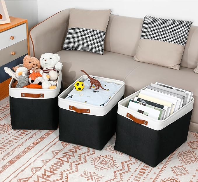 DULLEMELO Large Storage Baskets Fabric Storage Bins, Canvas Storage Basket for Shelf Toys, Decorative Large Storage Bins with Handle for Baby Gift(White&Black)