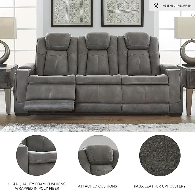 Signature Design by Ashley Next-Gen DuraPella Modern Faux Leather Power Reclining Sofa with Adjustable Headrest, Gray