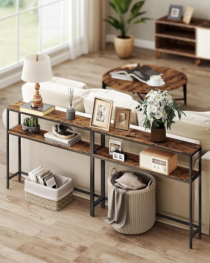 VASAGLE Console Table, 2-Tier Narrow Sofa Table with 2 Shelves, 7.9 x 39.4 x 31.5 Inches, for Living Room, Hallway, Entryway, Rustic Brown and Ink Black ULNT131K01V1