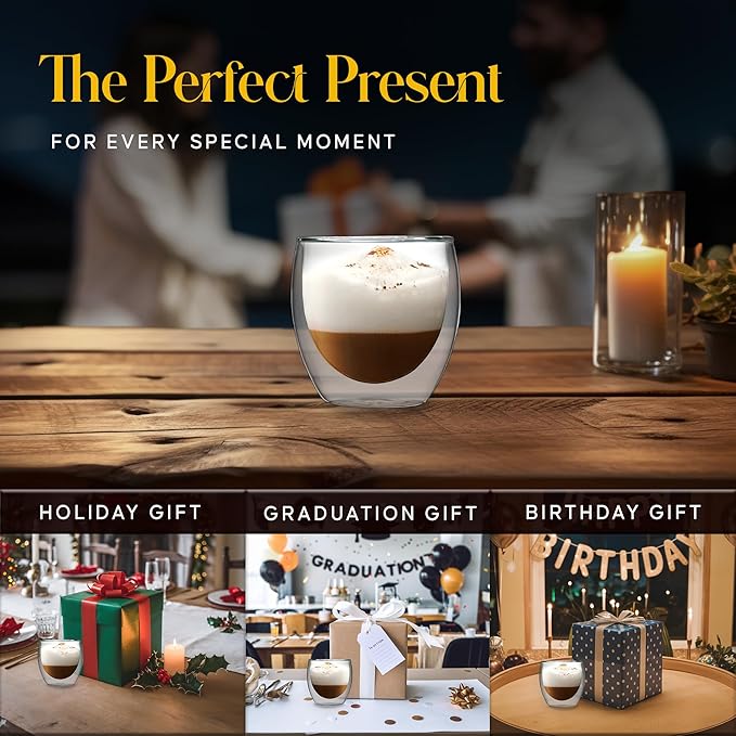 Kitchables Double Wall Glass Coffee Mugs Set of 4, 8oz - Insulated Clear Glass Coffee Mugs for Cappuccino, Latte, Tea, Espresso - Latte Cup - Tazas Para Cafe