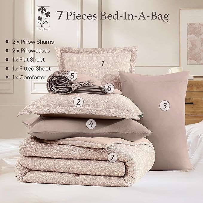 King Comforter Set -7 Pieces Almond Pink Floral Comforter Set for All Seasons, Bed in a Bag King with Botanical Flowers Comforter, Sheets, Pillowcases & Shams