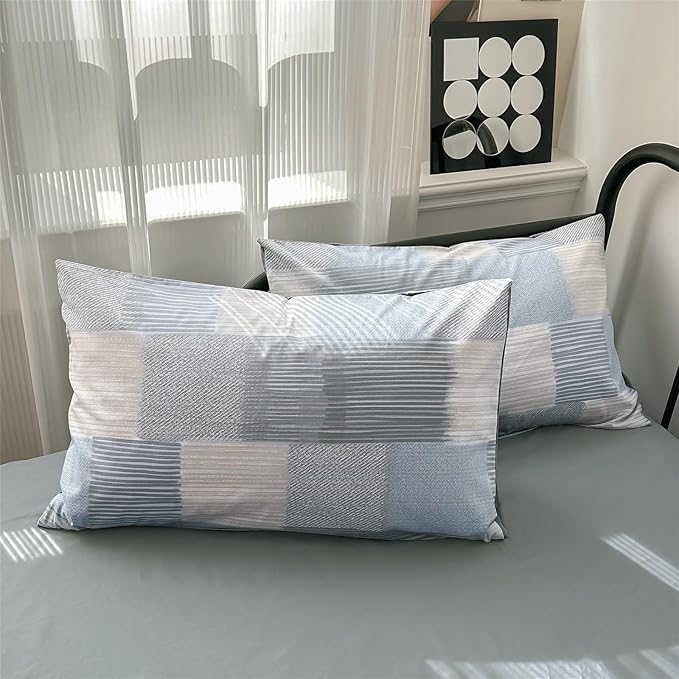 mixinni Full Comforter Set Soft Aesthetic Blue Geometric Checkered Plaid Printed Bedding Comforter for Men Boys, 1 Soft Microfiber Reversible Comforter with 2 Pillowcases for All Seasons