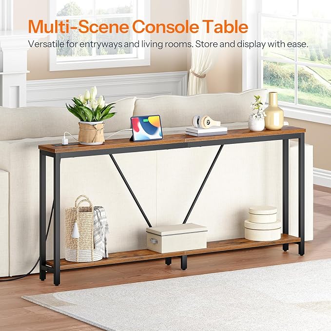 HOOBRO 70.9" Extra Long Sofa Console Table with Charging Station, 2-Tier Behind Couch Table with V-Brace, for Narrow Entryway, Hallway, Living Room, Rustic Brown BF186UXG01