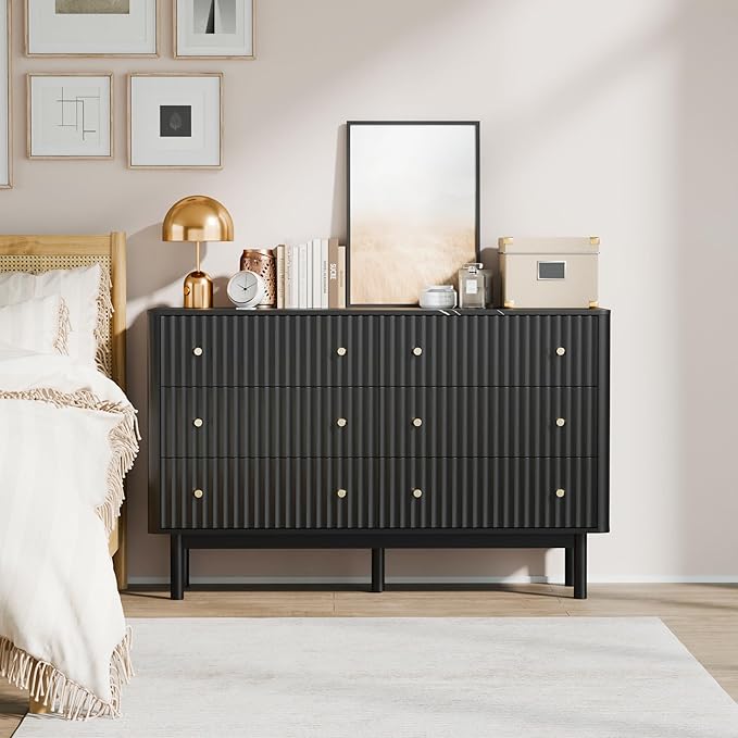 Fluted 6 Drawers Dresser for Bedroom, 54" Wide Modern Chest of Drawers with Faux Marble Top, Curved Profile Design, Solid Wood Legs, Wodden Dresser TV Stand, Storage Organizer for Bedroom, Black