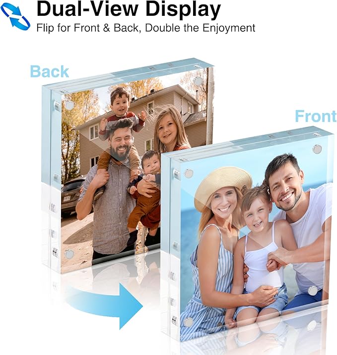 HOUSE DAY Acrylic Picture Frames 4x4, 2 Pack Magnetic 4 x 4 Picture Frame, Double Sided Clear 4x 4 Photo Frame with Microfiber Cloth, Frameless FreeStanding 4x4 Frame Gift for Desktop Display