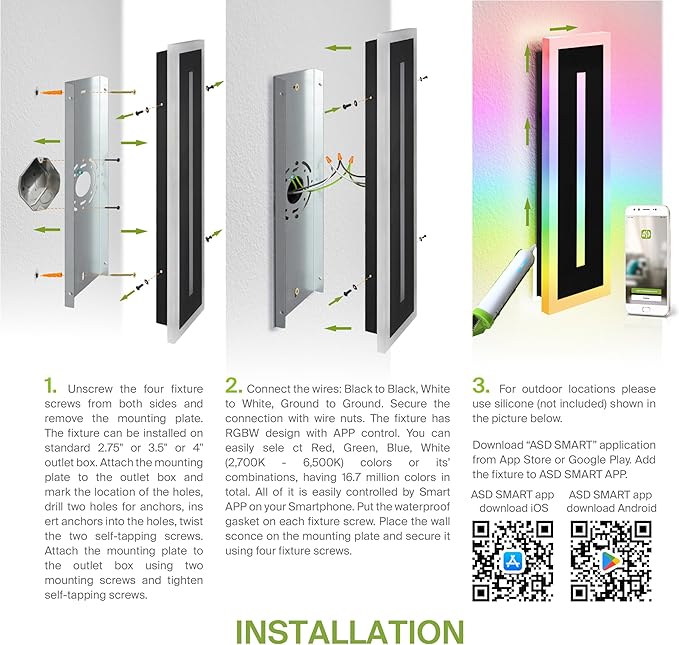 ASD LED 24" Long Wall Mount Light Fixture, Outdoor & Indoor Linear Sconce | RGBW, Smart, Waterproof, Anti-Rust, ETL Listed | 24W 1100LM 2700-6500K 100-277V | Exterior Porch Lighting | Black, 2 Pack