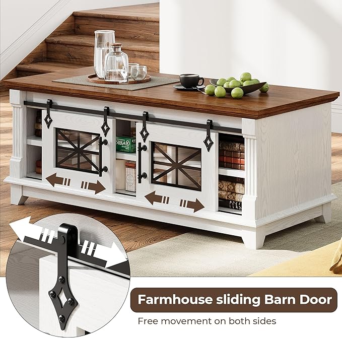 IRONCK 48'' Coffee Table with Sliding Barn Doors, Rustic Center Table with 6 Large Storage Space, Glass Doors and Adjustable Middle Shelf, Farmhouse Coffee Tables for Living Room, White