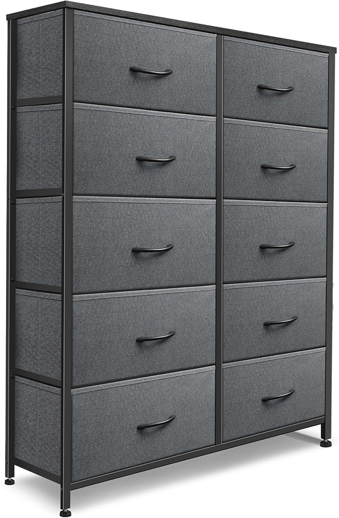 Dresser for Bedroom with 10 Drawers, Chest of Drawers, Storage Drawers Organizer Unit, Grey Wide Fabric Dresser with Fabric Bins for Closet, Living Room, Entryway (Grey and Charcoal Black)