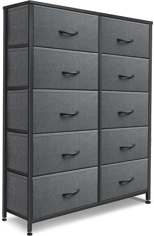 Dresser for Bedroom with 10 Drawers, Chest of Drawers, Storage Drawers Organizer Unit, Grey Wide Fabric Dresser with Fabric Bins for Closet, Living Room, Entryway (Grey and Charcoal Black)