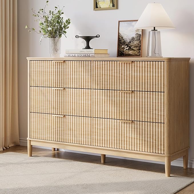LINSY HOME Fluted Dresser for Bedroom with 6 Drawers, 54" Wide Chest of Drawers, Mid Century Modern Dresser TV Stand with Metal Handle, Wood Closet Storage Cabinet for Living Room, Hallway, Oak