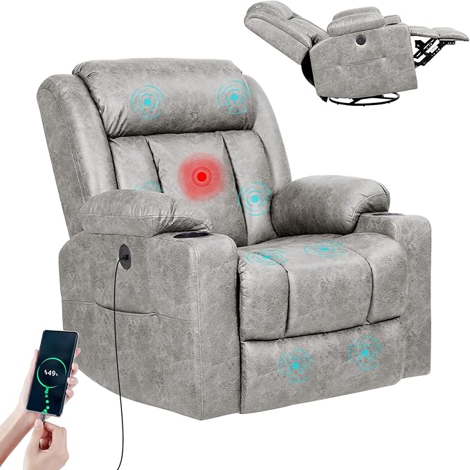 LEVELEVE Retro Rocking Recliner Chair, Massage Rocker Recliner Chair with Vibration Massage and Heat, USB and Type-C Ports,360° Swivel Chairs, Living Room, Bedroom, Nursery, RV, Light Grey
