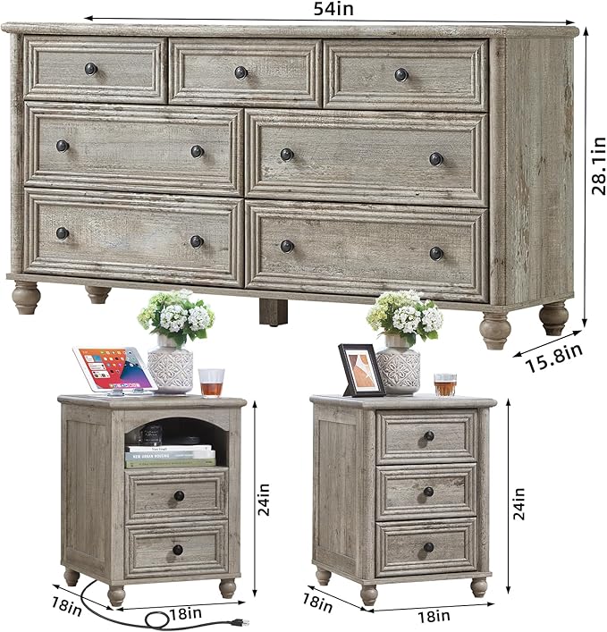 Dressers & Night Stand Set of 3, Wood 54'' Wide Dresser & 18'' Chest of Drawers, Roman Column 2 & 3 Drawer Nightstand Set of 2, Furniture 7 Drawer Dresser Suites for Bedroom Living Room, Hallway, Home