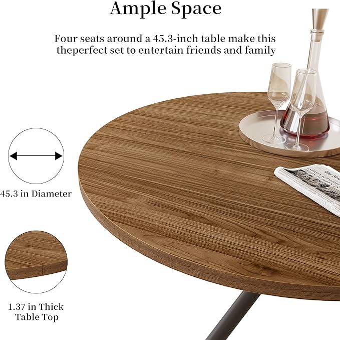 45.3 Inch Modern Round Dining Table for 4, Space-Saving Dinette with Carbon Steel Legs for Home Kitchen Apartment(Light Walnut Table)