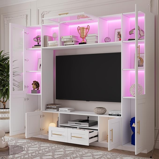 94" Wall Unit Entertainment Center for TVs up to 70", Modern TV Console with LED Lights, Multifunctional TV Stand with Tempered Glass Door, Drawers & Shelves for Living Room, White