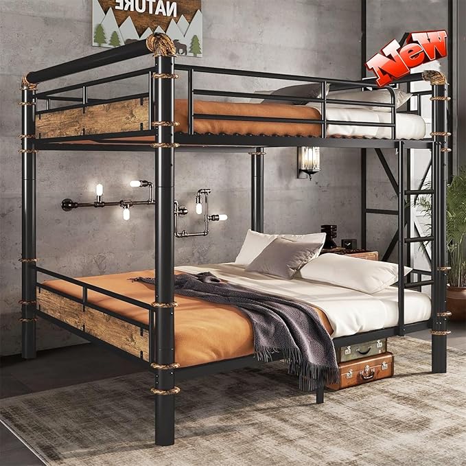 ULUCAN Reinforced Version & Stronger Convertible Steel Queen Over Queen Size Bunk Bed Frame, Heavy Duty Thickened Safer More Stable Metal Bunkbeds (Queen Over Queen)