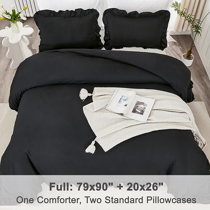 Litanika Black Full Size Comforter Sets, 3 Pieces Ruffle Farmhouse Aesthetic Bedding Comforter Sets, All Season Soft Lightweight Fluffy Microfiber Bed Set(79x90In Comforter, 2 Pillowcases)