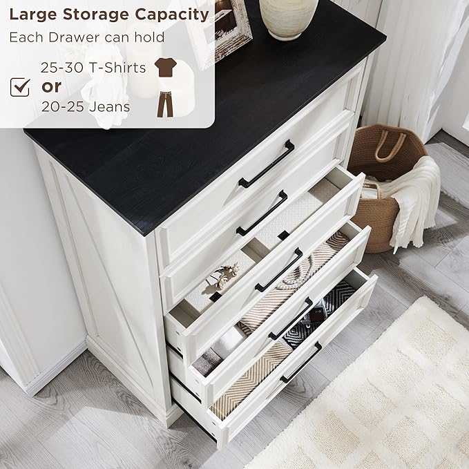 Farmhouse 5 Drawers Dresser Chests for Bedroom,46" Tall Wood Rustic Chest of Drawers with Wide Metal Handle,Natural Texture,Drawer Organizer for Bedroom,Living Room,Hallway and Entryway,White