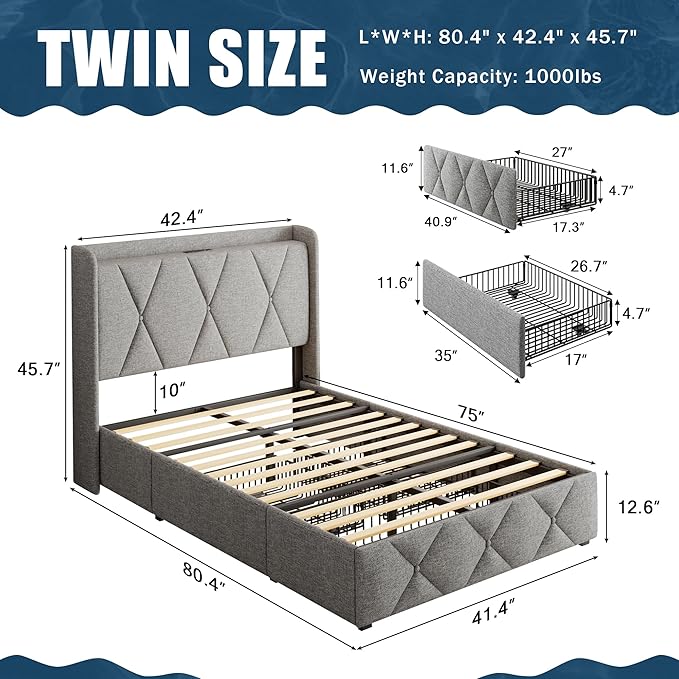 Twin Bed Frame with 4 Storage Drawers, Upholstered Platform Bed with Charging Station, Modern Wingback Storage Headboard, Easy Assembly,Noise-Free, Light Gray