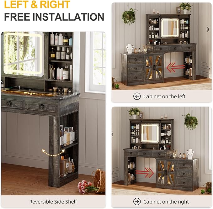 60"W Farmhouse Makeup Vanity Desk with Sliding Mirror and Lights, Charging Glass Top Large Vanity Table with Jewelry Storage,Vanity Set with 6 Drawers,10 Shelves,Side Storage Cabinet,Rustic Brown