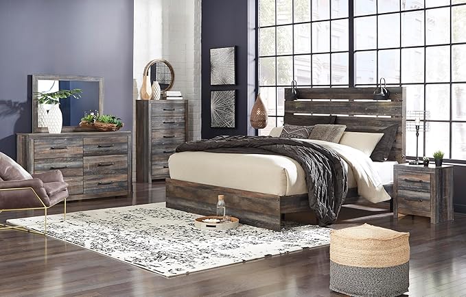 Signature Design by Ashley Drystan Rustic King Panel Bed with Sconce LED Lights, USB Ports and Nailheads, Foundation or Box Spring Needed, Dark Brown & Gray