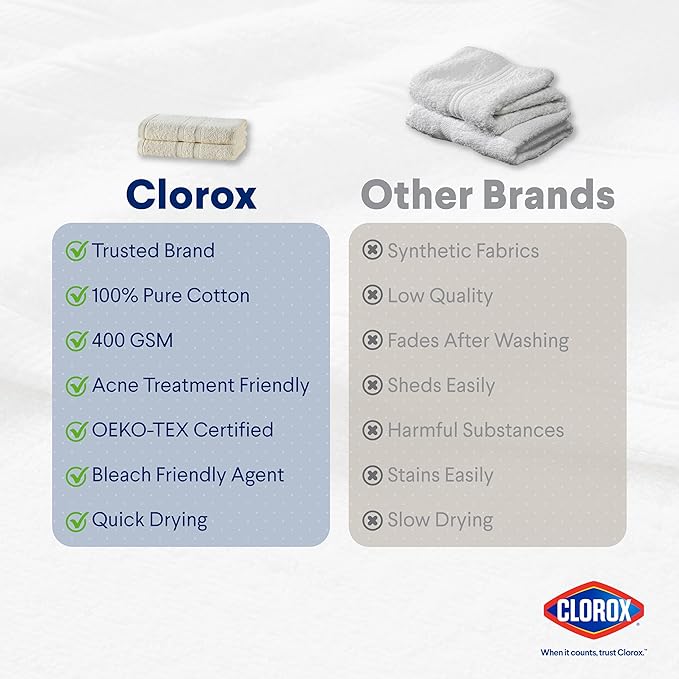 CLOROX Bleach Friendly Towels, Quick Dry, 100% Cotton Hand Towels (16" x 26"), Highly Absorbent Soft Lightweight, Ideal for Everyday Use, Easy to Wash (2 Pack, Ivory)
