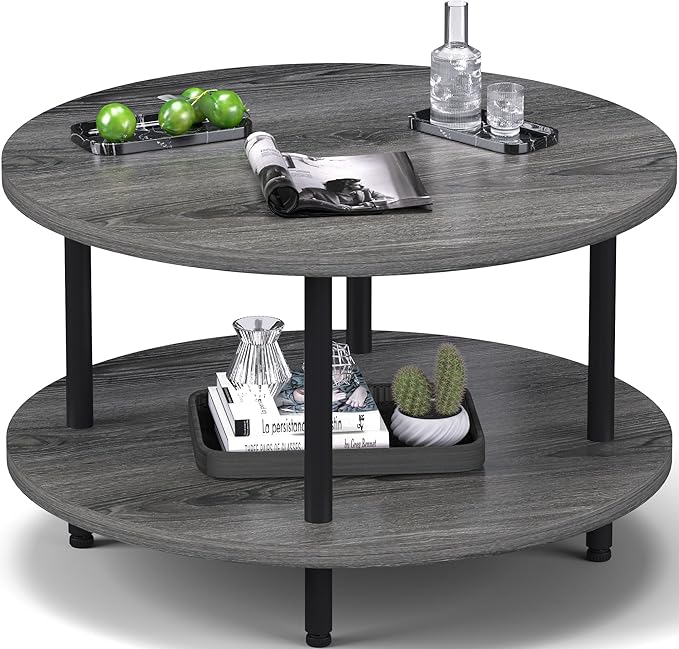 Coffee Table, 2 Tier Coffee Tables for Living Room, Round Coffee Table with Storage, Floor Table for Bedroom, Home Office, Grey (23.6" D x 18.1" H)