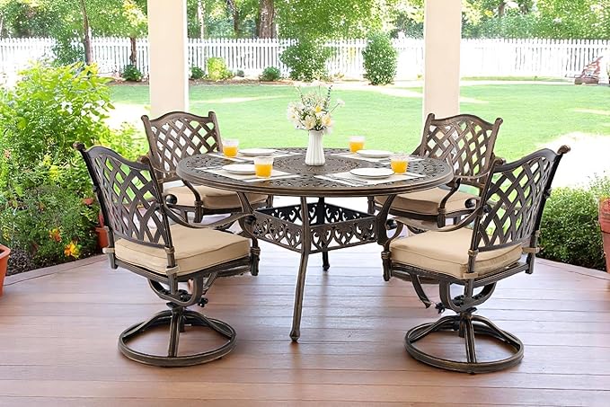 5 Piece Outdoor Dining Set Cast Aluminum, Retro Patio Dining Furniture Set for 4 Includes 54’’ Round Table 4 Chairs with Thicker Cushion and Umbrella Hole for Patio Deck Garden
