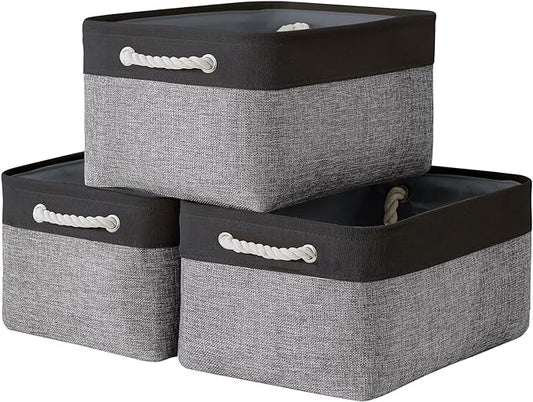 TcaFmac Storage Bins for Organization - Large 3 Pack Fabric Storage Basket for Shelves with Handles, Organizer Baskets for Organizing for Closet Cloth Dog Toy Baby (Black& Grey 16x12x8 inch)