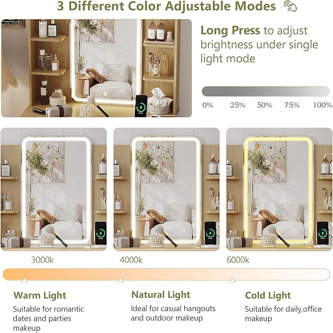 Small Vanity Desk with Mirror and Lights, Makeup Vanity with LED Lighted Mirror, Fluted Vanity with Lights Desk and Chair, 3 Lighting Adjustable Dressing Table with Charging Station for Women,Girls