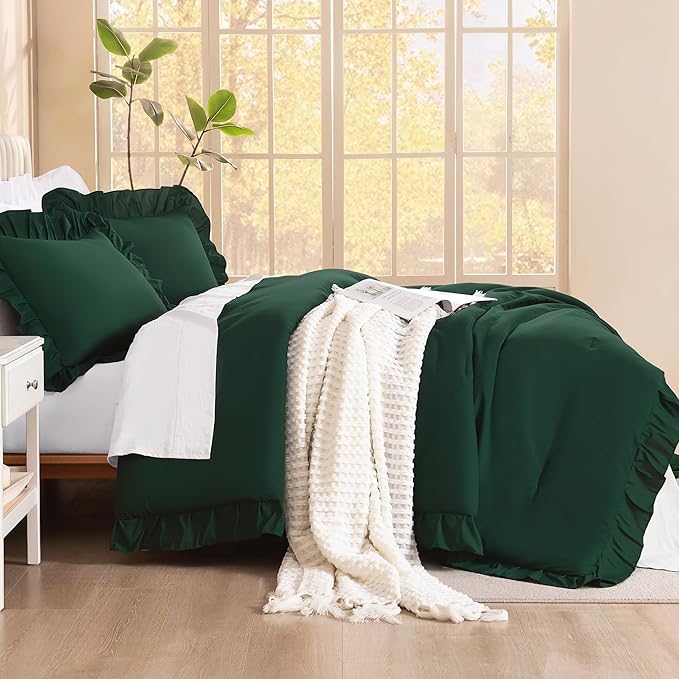 Litanika Dark Emerald Green King Comforter Set, 3 Pieces Boho Vintage Solid Forest Ruffle Bedding Set, All Season Lightweight Bed Set (104x90In Comforter & 2 Pillowcases)