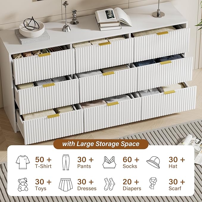White Dresser for Bedroom, Modern 9 Drawer Dresser with Smooth Slides and Gold Handles, Wide Bedroom Chest for Living Room, Closet, 63" W x 15.7" D x 31.5" H