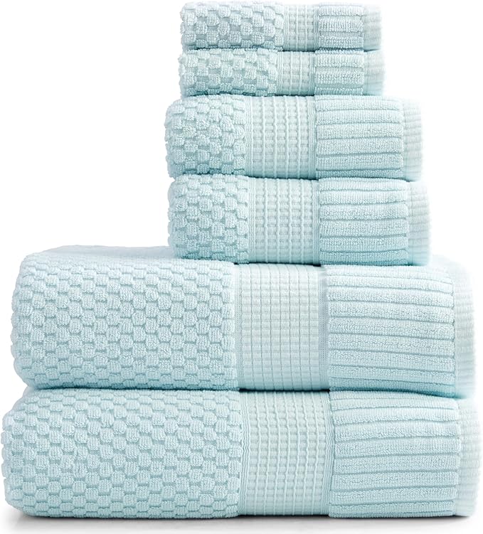 NY Loft 100% Cotton Towel Set 6 Piece | Super Soft & Absorbent Quick-Dry 2 Bath Towels 2 Hand Towels & 2 Washcloths |Textured and Durable Cotton | Trinity Collection (6 Piece Set, Seafoam)