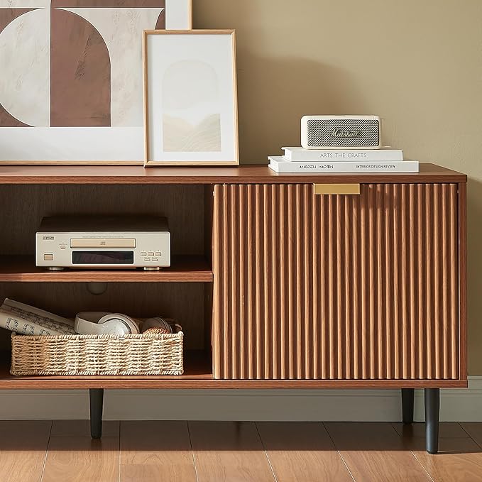 Okvnbjk Modern TV Stand, Fluted TV Consoles for Living Room 65+ Inch TV, Entertainment Stand with Storage & Sliding Doors, Media Console with Adjustable Shelf, Mocha