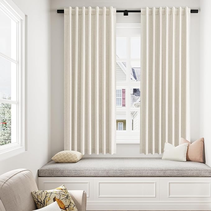 Guken Beige Linen Blackout Curtains 54 Inch Length 2 Panels Set for Living Room Bedroom Back Tab Thermal Insulated 100% Black Out Linen Drapes Room Darkening Window Curtains 54 Inches Long