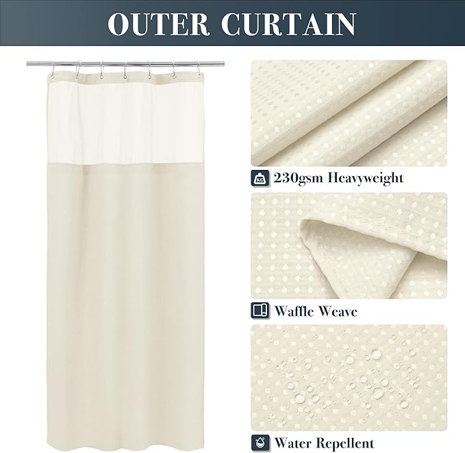 N&Y HOME Stall Waffle Weave Shower Curtain with Snap-in Fabric Liner & Hooks Set - 36" x 72" Small Shower Stall Size, Hotel Style & Mesh Top Window, Machine Washable - 36x72, Cream