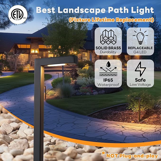 Low Voltage Pathway Lights Brass, LED Landscape Path Lights, Yard Lights Outdoor Waterproof IP65, 12V Wired L Shape Black for Garden Walkway Without G4 Bulb 4 Pack