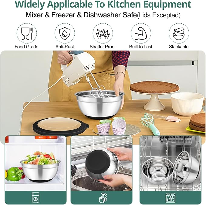 TeamFar Mixing Bowls, 5PCS Stainless Steel Serving Salad Bowls with Lids, For Kitchen Mixing/Baking/Storing/Prepping, Visible & Airtight, Non-Slip Bottom - 4.6/3.5/1.5/1 / 0.7 QT, Black