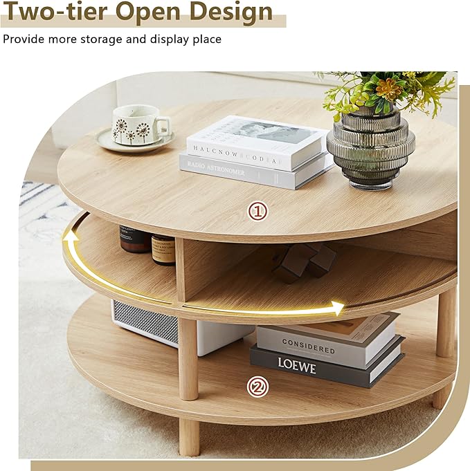 RARZOE 31.5" Round Coffee Table with Storage, Wood Circle Coffee Table with Sliding Cabinet Doors, Fluted Dining Table Accent Center Table for Living Room Home Office Apartment, Natural