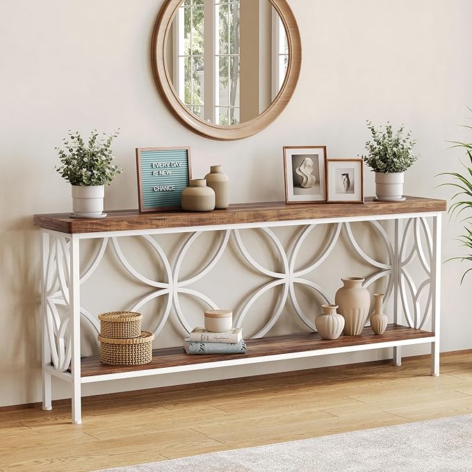 LITTLE TREE Sofa Table, 70.9 Inch Industrial Behind Couch Table with Storage Shelves, Narrow Long Console Table for Entryway, Living Room, Foyer, Hallway, Office