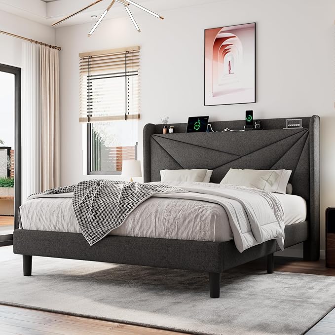 Queen Size Upholstered Bed Frame with Charging Station, Platform Bed Frame with Storage Headboard, Solid Wood Slats Support, No Box Spring Needed, Dark Gray