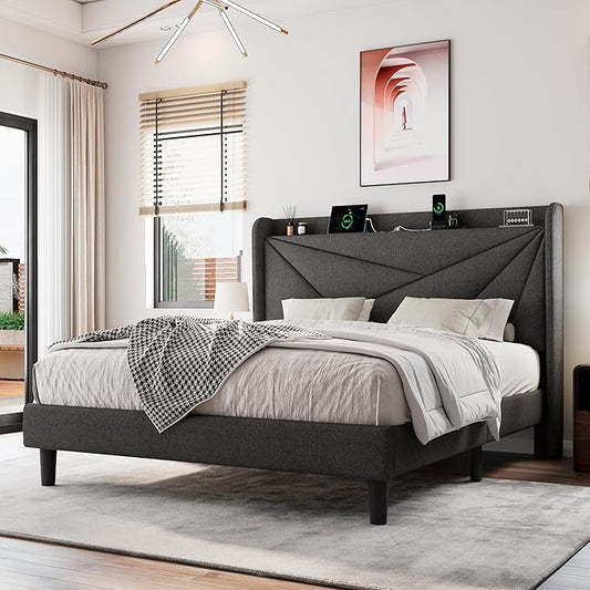 Full Size Upholstered Bed Frame with Charging Station, Platform Bed Frame with Storage Headboard, Solid Wood Slats Support, No Box Spring Needed, Dark Gray