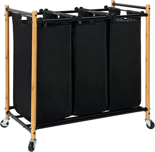 STORAGE MANIAC 3 Section Laundry Sorter, 35.9 Gal (136 L) Laundry Hamper Cart with Heavy Duty Rolling Lockable Wheels and Removable Bags, Clothes Organizer Basket Clothes Separator Hamper, Bamboo
