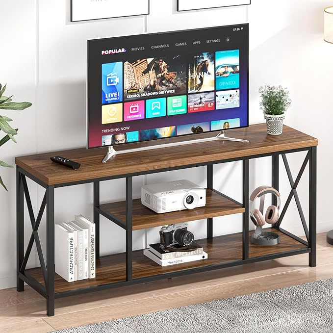 FOLUBAN Modern Entertainment Center for TVs up to 65 Inch, Rustic Wood Television Stands, Industrial TV Console and TV Cabinet for Living Room, Farmhouse TV Table for Bedroom, 55 Inch Walnut