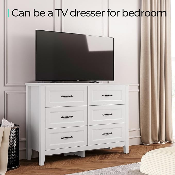 LINSY HOME Dresser for Bedroom, 6 Drawer Dresser with Metal Handles, Chest of Drawers for Living Room, Entryway and Hallway, White